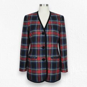 Vintage 90s Black Red Tartan Plaid Wool Blend Velvet Trim V-Neck Blazer Size 4
